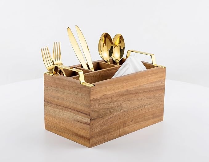 Acacia Wood Flatware Caddy - 4 Compartment Silverware Utensil Holder with Golden Metal Handles - 10" W x 6" D x 6.5" H, 2 lbs
