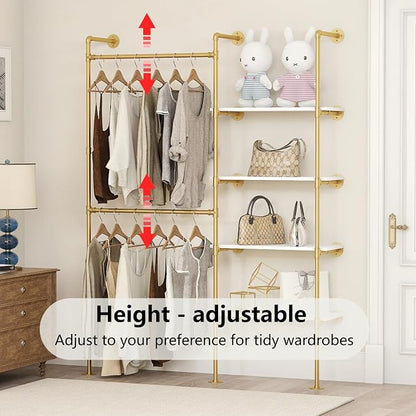 Industrial Pipe Clothing Rack, Heavy Duty Adjustable Garment Hanger with Shelves, 2 Installation Methods Closet Storage System for Wardrobe Organization (Gold, 80" H x 55" W)