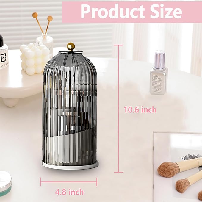 Makeup Brush Holder Organizer with Lid 360 Rotating Clear Dustproof 3 Compartment Design Makeup Brushes Organizer for dressing table and Bathroom Countertop (Gray)