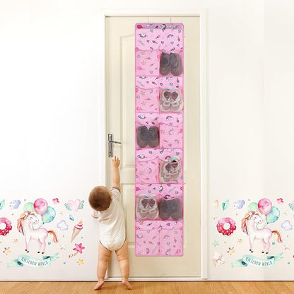 Windyun 2 Pcs Kids over The Door Shoe Organizer 24 Pockets Unicorn Baby Water Bottle Organizer Rack Hanging Girls Pink Shoe Storage for School Door Closet Bedroom Wall
