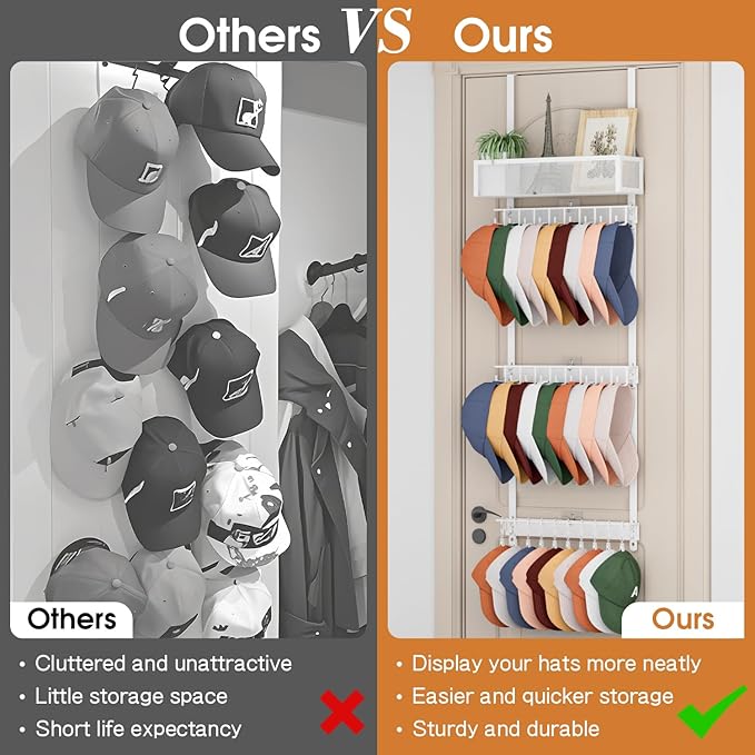 3 Tier Over Door Hat Rack with Basket,Hat Organizer for Baseball Cap with 18 Hooks and 10 Movable Clips,Hat Hanger Storage Holds up to 30+ Caps for Door, Bedroom, Closet (White)