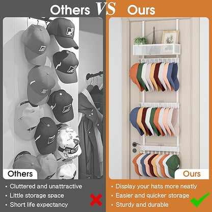 3 Tier Over Door Hat Rack with Basket,Hat Organizer for Baseball Cap with 18 Hooks and 10 Movable Clips,Hat Hanger Storage Holds up to 30+ Caps for Door, Bedroom, Closet (White)