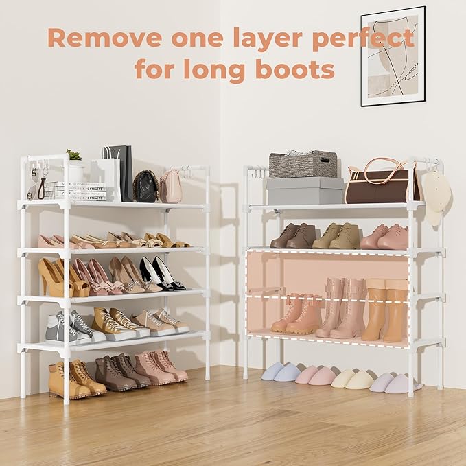 LANTEFUL 4 Tier Shoe Rack for Closet Shoe Organizer with 5 Hooks, Long Shoe Shelf Storage for Shoe and Boot Stackable Free Standing Shoe Rack for Entryway, Garage, Small Spaces, Dorm, White