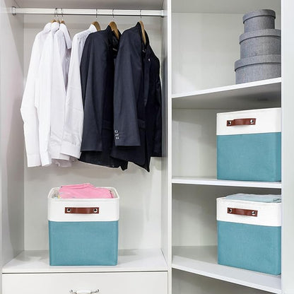 Bagnizer Collapsible Fabric Storage Cubes 11x11 Cube Storage Bins, 4 Pack Closet Baskets Box with Handles for Organizing, Shelf, Toys, Clothes, Home, Office, Nursery (Teal&White)