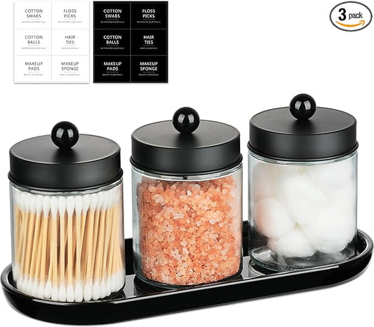 SheeChung 3-Pack Glass Apothecary Jars with Acrylic Vanity Tray - Bathroom Organizer Set for Qtip, Cotton Ball, Floss Picks - Modern Industrial Style Bathroom Accessories Storage Canister (Black)