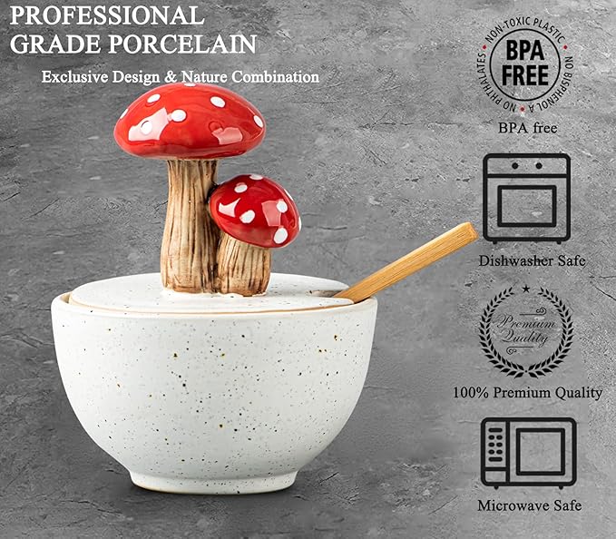 dgudgu Mushroom Salt Cellar With Lid Ceramic Salt Box White Salt Bowl Salt Container With Lid Salt Pig With Bamboo Spoon Salt Holder Salt Well Salt Keeper