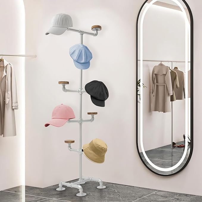 LOYALHEARTDY Industrial Hat Rack Stand, 5 Tier 10 Round Hat Hangers Hat Display Stand Freestanding Hat Organizer Rack Display Stand for Wig, Cap, Baseball Hat (Sliver)