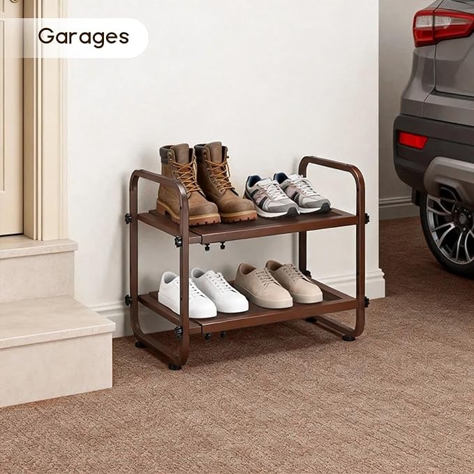 Expandable Shoe Rack for Closet - Shoe Organizer for Entryway, Adjustable Metal Shoe Storage, Stackable Long Shoe Stand Holder for Garage, Hallway, Door Entrance (Brown, 2 Tier)