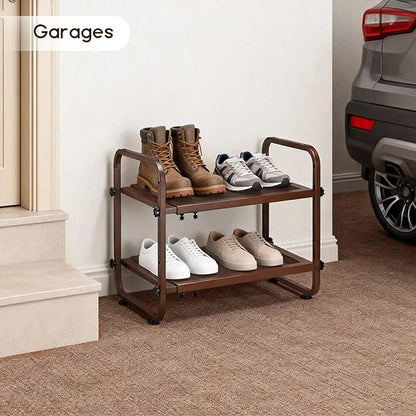 Expandable Shoe Rack for Closet - Shoe Organizer for Entryway, Adjustable Metal Shoe Storage, Stackable Long Shoe Stand Holder for Garage, Hallway, Door Entrance (Brown, 2 Tier)