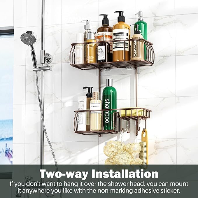 Epicano Shower Caddy Hanging, Anti-Swing Over Head Shower Caddy Rustproof with hooks for Towels, Sponge and more, Bronze