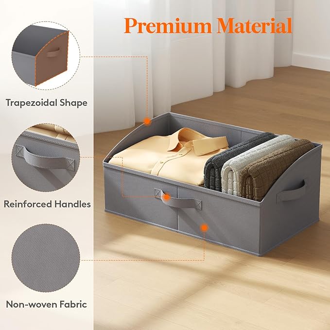 Lifewit Trapezoid Closet Storage Bins for Shelf, 6 Packs Non-woven Closet Organizer Baskets with Handles, Foldable Clothes Containers Boxes for Clothing, Book, Purse, 23L, Extra Large, Gray