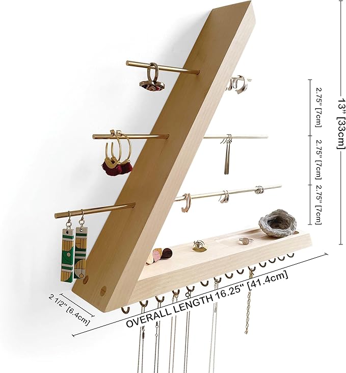 Jewelry Organizer Wall Mounted, Hardwood Hanging Jewelry Holder, Open Triangle Jewelry Display shelf for Necklaces, Earrings, Rings and Bracelets, Gift for her, Patented (Birch)