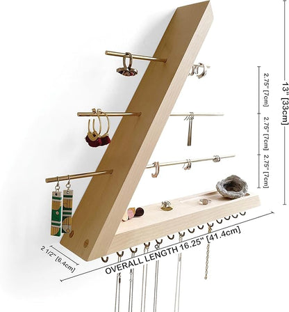 Jewelry Organizer Wall Mounted, Hardwood Hanging Jewelry Holder, Open Triangle Jewelry Display shelf for Necklaces, Earrings, Rings and Bracelets, Gift for her, Patented (Birch)