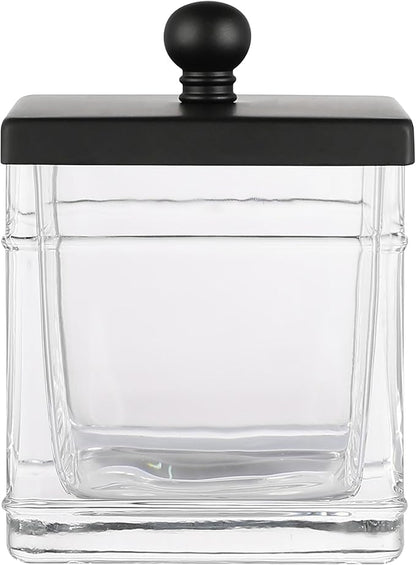 Clear Transparent Hotel Style Apothecary Tempered Glass Canister Jar W/ Matte Black Metal Lid Cover, Classic Countertop Organizer for Cotton balls/pads, Floss Picks, Makeup Storage