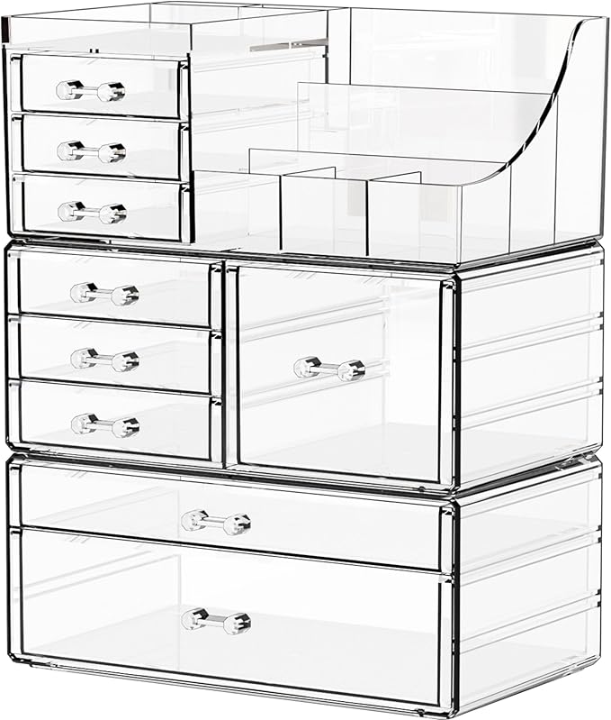 Yieach 3 Pack Clear Makeup Organizer Countertop for Dresser,Vanity and Bathroom Counter Organizer,Tiered Stackable Makeup Acrylic Organizers with 9 Drawer for Skincare,Brush and Make up Holders