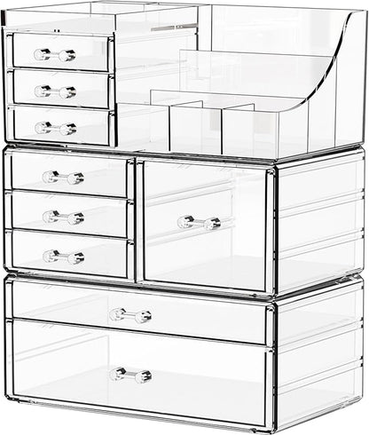Yieach 3 Pack Clear Makeup Organizer Countertop for Dresser,Vanity and Bathroom Counter Organizer,Tiered Stackable Makeup Acrylic Organizers with 9 Drawer for Skincare,Brush and Make up Holders