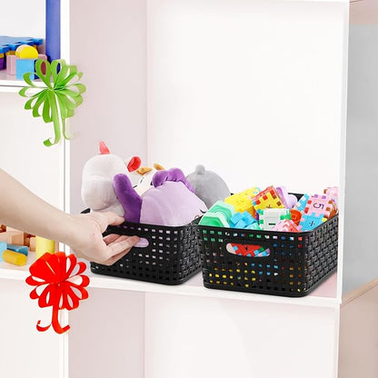 6 Pack Plastic Pantry Weave Storage Basket Bin, Black