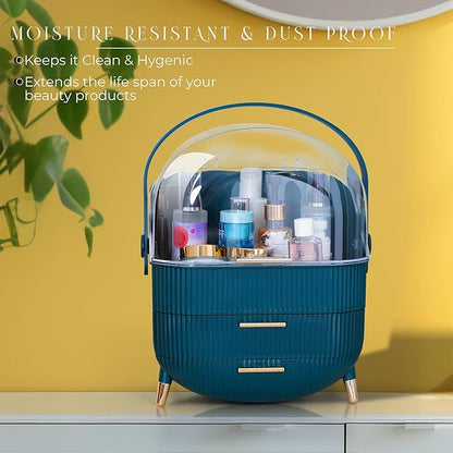 Makeup Cosmetic Organizer Box with Drawer Storage - Plastic Oval Storage Organizer with Turn Lock, Large Capacity for Women’s Skincare and Beauty Products (Green)