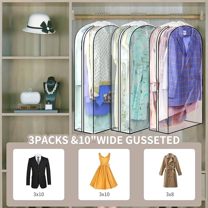 Clear Garment Bags for Hanging Clothes, 10" Gusseted Garment Covers for ClosetStorage, 40"Long Hanging Plastic Clothes Cover for Coat, Dress, Fur, BreathableFabric,Keep Clothes Neat and Tidy