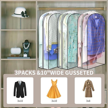 Clear Garment Bags for Hanging Clothes, 10" Gusseted Garment Covers for ClosetStorage, 40"Long Hanging Plastic Clothes Cover for Coat, Dress, Fur, BreathableFabric,Keep Clothes Neat and Tidy
