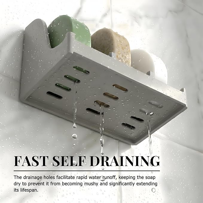 Soap Holder for Shower Wall, 3-Compartment Soap Dish for Shampoo, Conditioner and Body Soap, Fast Draining & Rust-Proof & Heavy Duty, Ultra-Strong Self Adhesive & Freestanding (Grey, No Label)