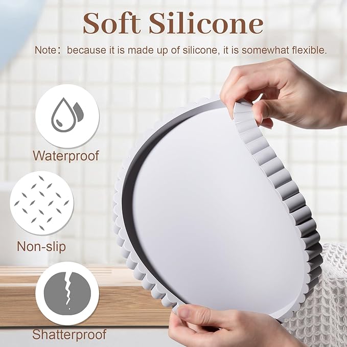 Round Bathroom Tray Silicone Kitchen Counter Decor Vanity Organizer Decorative Coffee Table Tray for Perfume, Candle, Soap Dish, 9 Inch, Light Gray