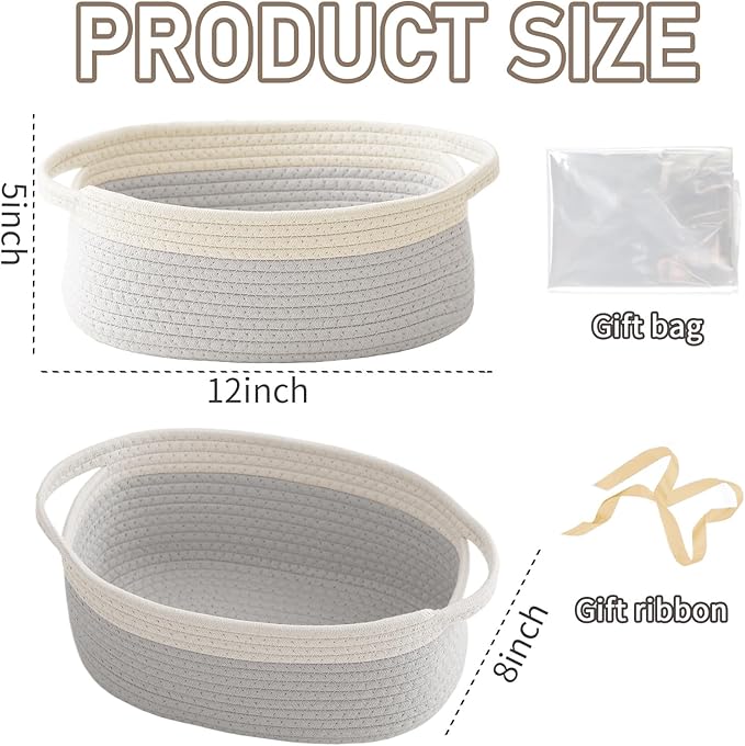 JMvicyroam Woven Basket,Small Rope Storage Bin with Handles & Ribbon Bag, Organizer for Shelves Closets,Gift Basket Empty for Birthday,Books,Dog Toys, White&Grey/2 Pack