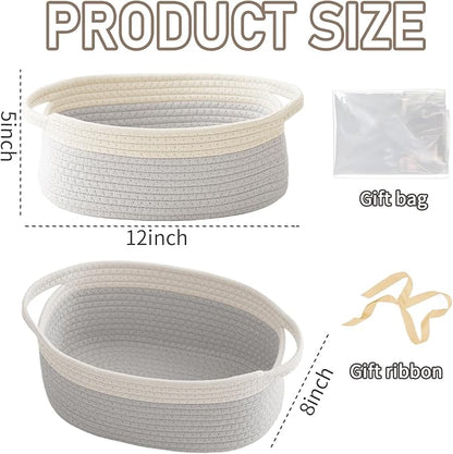 JMvicyroam Woven Basket,Small Rope Storage Bin with Handles & Ribbon Bag, Organizer for Shelves Closets,Gift Basket Empty for Birthday,Books,Dog Toys, White&Grey