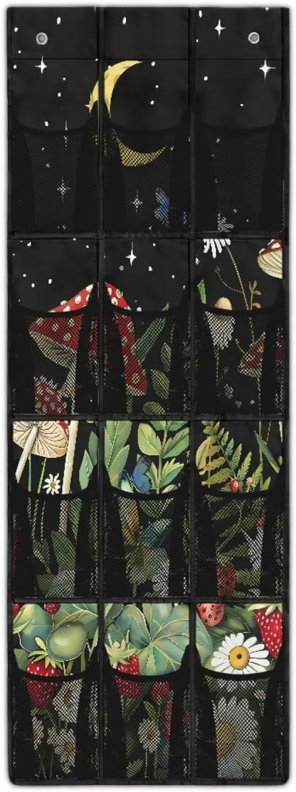 Moon Shoe Organizer Over The Door 12 Pockets Mushrooms Door Hanger Organizer Bathroom Mesh Fabric Black Shoe Holder Hanger for Living Room Space Saving Wall Hanging Storage