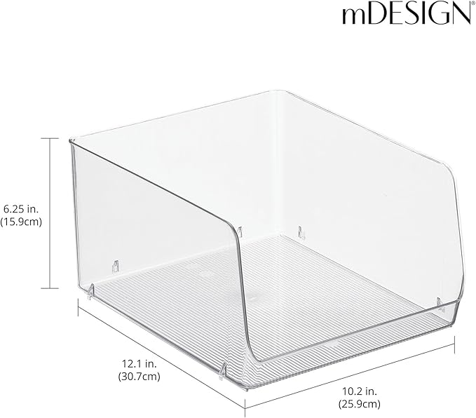mDesign Wide Stackable Plastic Food Storage Organizer Bin Basket with Open Front for Household Kitchen Cabinets, Pantry, Offices, Closets, Bedrooms, Bathrooms - 10.2" Wide, 2 Pack - Clear
