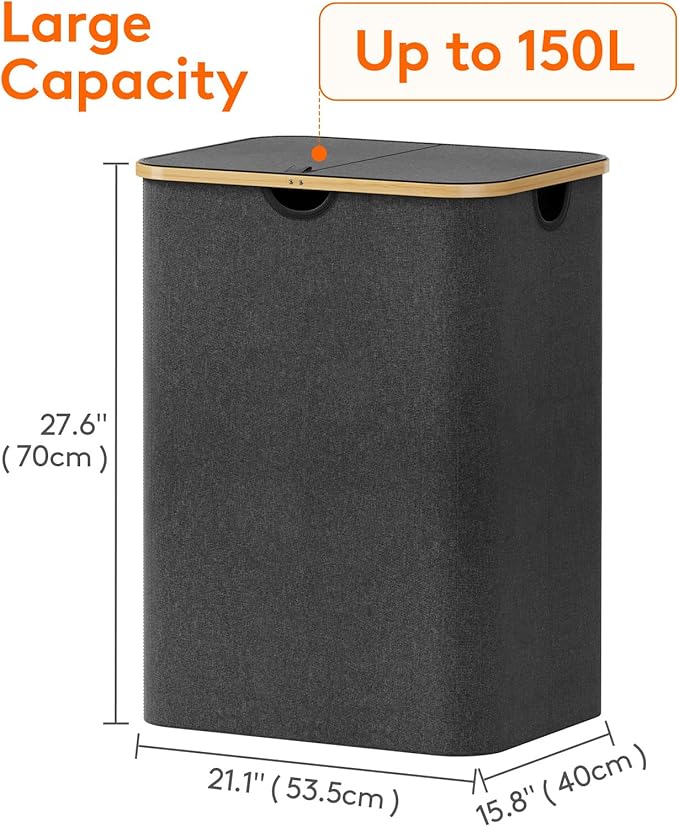 Lifewit 150L Laundry Basket with Lid, Clothes Hampers for Laundry with Bamboo Handles and 2 Removable Bag, Large Foldable Laundry Hamper for Bedroom, Bathroom, Dorm, Laundry Room, Dark Gray