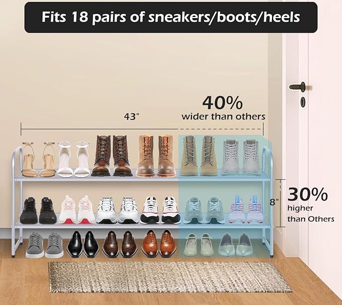 MISSLO 2 Tier Long Shoe Rack for Closet Shoe Organizer Holds 18-Pairs, Wide Low Stackable Shoe Storage Shelf for Bedroom Floor, Men Boots, Women Heels, Kids Sneakers (Grey)