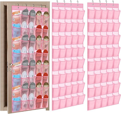Windyun 2 Pack 40 Over the Door Shoe Organizers Large Mesh Pocket Hanging Shoe Rack for Closet Nonslip Behind Door Storage Holder Back to School Organizer for Dorm Room College Storage(Pink)