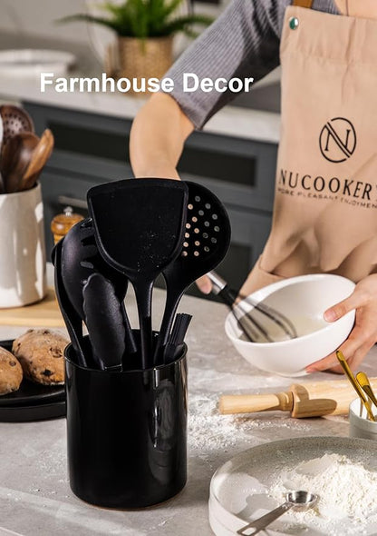 Nucookery Utensil Holder, 6.4" Ceramic Kitchen Utensil Holder with Countertop-Protection Cork Bottom, Farmhouse Kitchen Decor for Counter (Black)