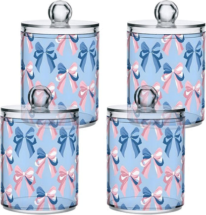 2 Pack Qtip Holder Dispenser for Cotton Ball Pink Bow Blue Pattern Swab Round Pads Clear Plastic Acrylic Jar Set Bathroom Canister