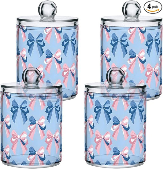 4 Pack Qtip Holder Dispenser Pink Bow Blue Pattern Cotton Ball Swab Round Pads Floss Clear Bathroom Storage Containers Plastic Apothecary Jars with Lids