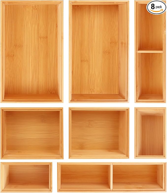 Bamboo Drawer Organizer Set, 8 PCS Multi-Use Wood Drawer Storage Boxes, Junk Drawer Organizer Divider Bins for Kitchen, Bathroom, Office Desk, Makeup, Jewelry, Utensils