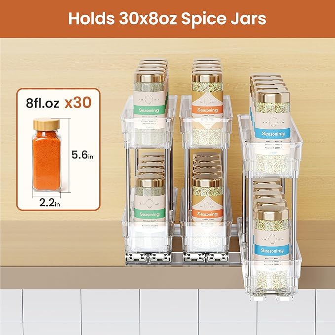 Mystozer Pull Out Spice Rack Organizer for Cabinet, Slide Out Spice Racks Organizer, Easy to Install Spice Cabinet Organizers, 2.3''Wx10.66''Dx8.11''H, 3 Packs-2 Tiers(Clear)