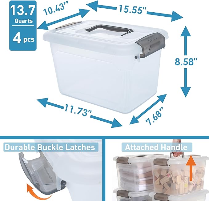 Citylife 4 Packs 13.7 QT Storage Bins with Lids Clear Plastic Bins with Grey Handle Stackable Storage Containers for Organizing