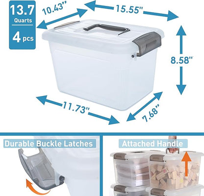 Citylife 4 Packs 13.7 QT Storage Bins with Lids Clear Plastic Bins with Grey Handle Stackable Storage Containers for Organizing