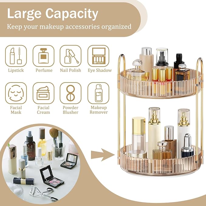 MOKANI 360 Rotating Makeup Organizer for Vanity, 2 Tier Adjustable Perfume Organizer for Dresser, Multi-Function Spinning Cosmetics Skincare Storage for Bedroom, Dresser, Countertop, Amber
