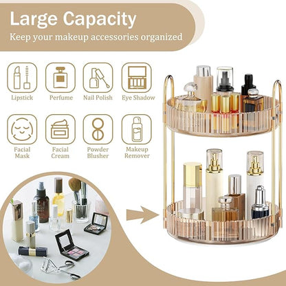 MOKANI 360 Rotating Makeup Organizer for Vanity, 2 Tier Adjustable Perfume Organizer for Dresser, Multi-Function Spinning Cosmetics Skincare Storage for Bedroom, Dresser, Countertop, Amber