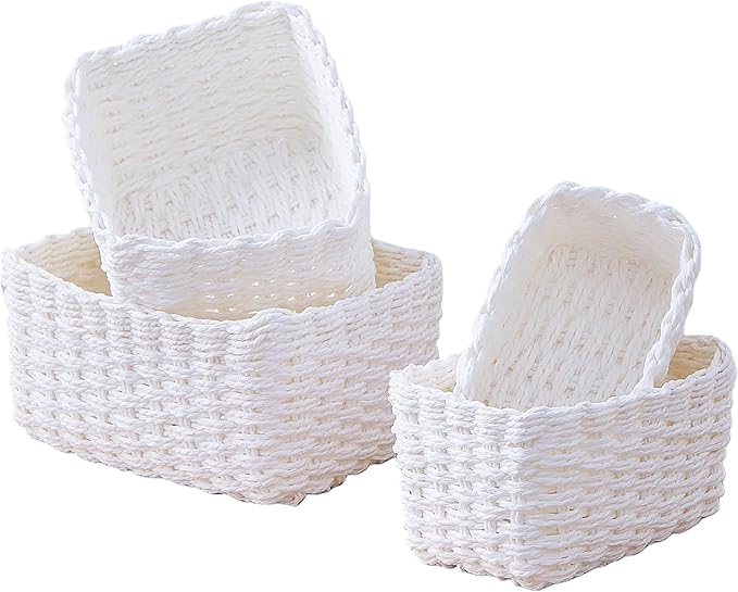 4PCS Woven Storage Baskets Set, Small Baskets for Organizing, Square Handwoven Paper Rope Organizer Bins for Shelves and Home Storage (White)