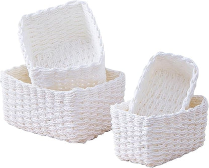4PCS Woven Storage Baskets Set, Small Baskets for Organizing, Square Handwoven Paper Rope Organizer Bins for Shelves and Home Storage (White)