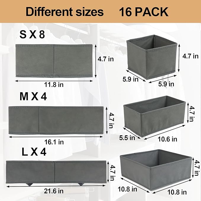 Fordonral 16 Pack Drawer Organizer Clothes, Foldable Fabric Dresser Organizer Closet Organizers and Storage Box for Underwear,Folded Clothes,Baby Clothing,Socks,Bra,Towels,Ties(Gray)