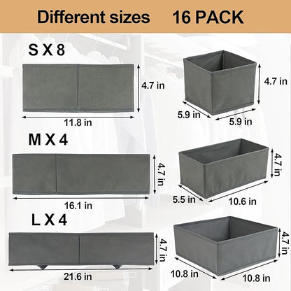 Fordonral 16 Pack Drawer Organizer Clothes, Foldable Fabric Dresser Organizer Closet Organizers and Storage Box for Underwear,Folded Clothes,Baby Clothing,Socks,Bra,Towels,Ties(Gray)