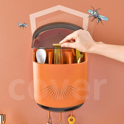 Fdit Wall Mounted Kitchen Utensil Holder with Cover Multifunctional Draining Chopstick Cage with Dust Prevention 3 Compartments Utensil Drying Rack for Cutlery Chopstick Spoons Forks (Orange)