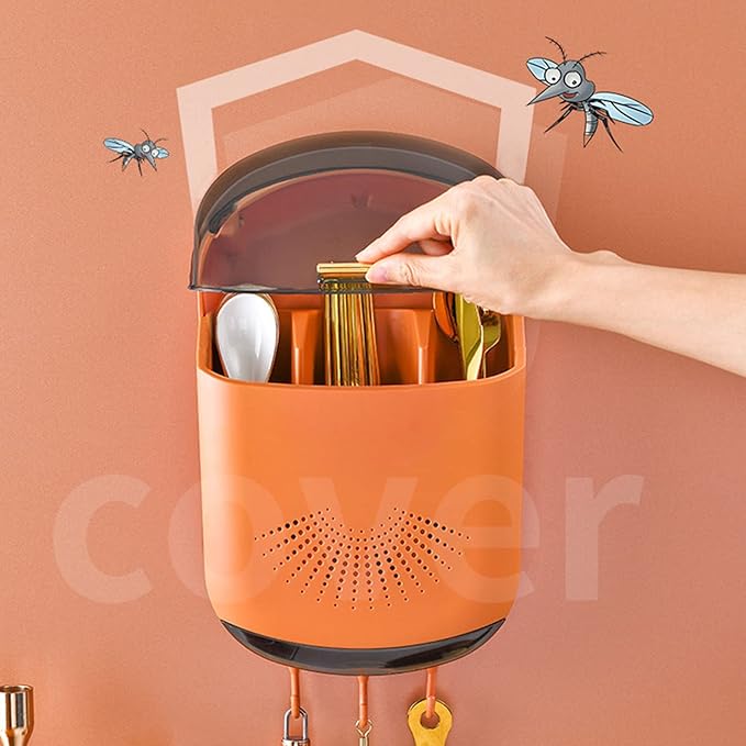 Hanging Plastic Chopstick Holder, 3 Compartments Wall Mounted Utensil Rack Draining Utensil Storage Cutlery Holder with Cover and Hook for Kitchen Countertop(Orange)