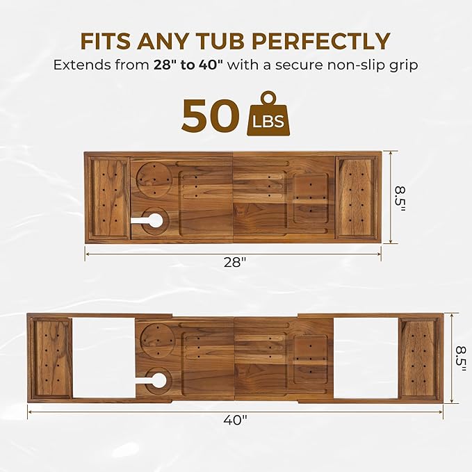 Venusmiles Teak Bathtub Tray Caddy, Foldable Bath Tray with Expandable Handles, Wine Glass and Phone Holders, Book Stand, for Home Spa Relaxation, Luxury Bathroom Accessories - Light Walnut Color