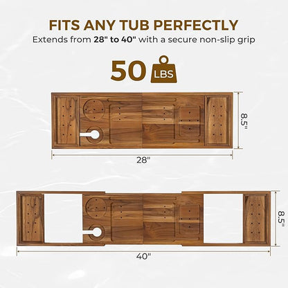 Venusmiles Teak Bathtub Tray Caddy, Foldable Bath Tray with Expandable Handles, Wine Glass and Phone Holders, Book Stand, for Home Spa Relaxation, Luxury Bathroom Accessories - Light Walnut Color